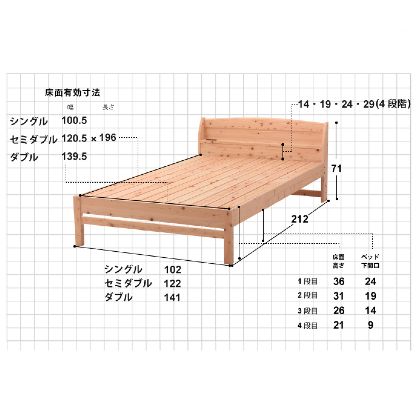 コンセント付きひのきのシングルベッド